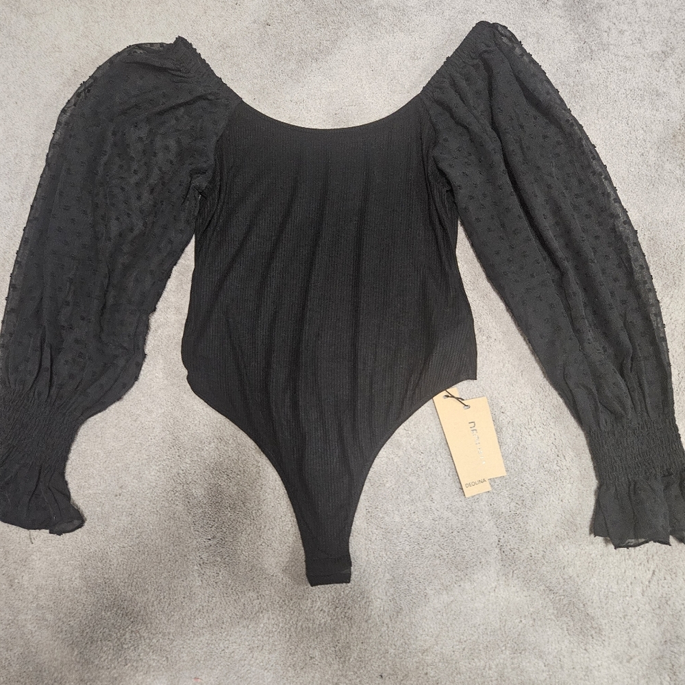 BRAND NEW Amazon Womens Sexy Mesh Long Sleeve Black BodySuit Size Large